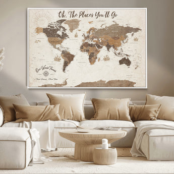14140137-MGV-CV-36X24-Personalized World Map Wall Art – Vintage Nautical Adventure Map with Ships and Compass, Rustic Sepia Tones for Travel Lovers and
