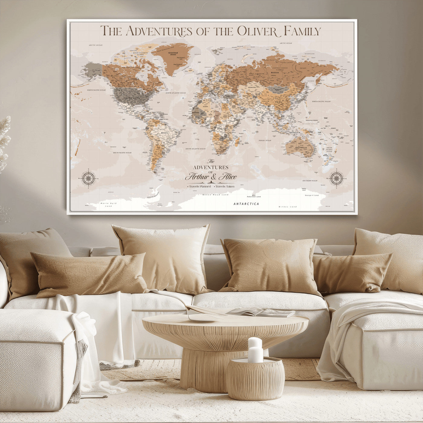 34289723-MGV-CV-36X24-Personalized World Map Wall Art – Elegant Beige and Brown Adventure Map Canvas Print for Family Home, Living Room, Study or Office