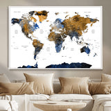 MGV-FC-36X24 - World Map Wall Art Canvas Print, Framed Blue Gold Map Art Picture Print, Rustic Atlas Perfect Rustic Modern Decor Artwork