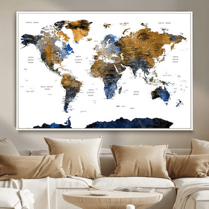 MGV-FC-36X24 - World Map Wall Art Canvas Print, Framed Blue Gold Map Art Picture Print, Rustic Atlas Perfect Rustic Modern Decor Artwork