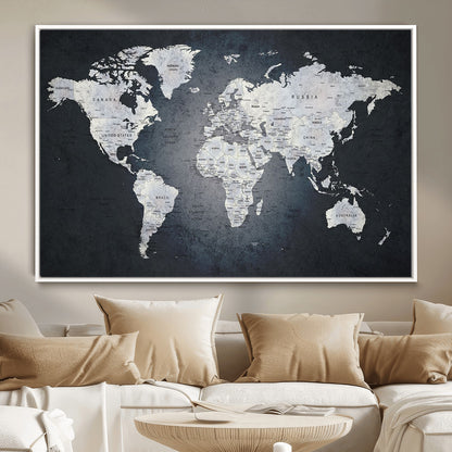 MGV-FC-36X24 - Monochrome World Map Wall Art Canvas Print, Framed Minimalist Map Art Picture Print, Modern Atlas Perfect Modern Minimalist Decor Artwork
