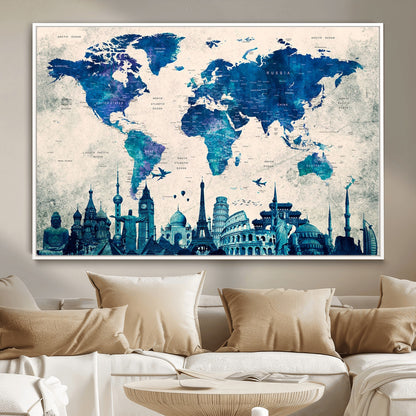 MGV-FC-36X24 - Blue World Map Wall Art Canvas Print, Framed Iconic Landmarks Art Picture Print, Blue Globe Map Perfect Elegant Explorer Decor Artwork
