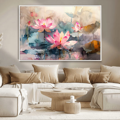 18414-MGV-CV-36X24-Pink Lotus Wall Art Canvas Print, Framed Water Lily Art Picture Print, Dreamy Floral Perfect Dreamy Botanical Decor Artwork