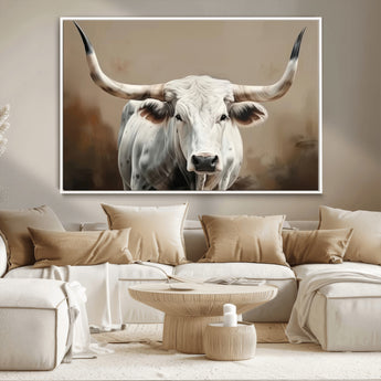 63550-MGV-CV-36X24-Texas Longhorn Wall Art Canvas Print, Framed White Bull Art Picture Print, Horned Cattle Perfect Rustic Western Decor Artwork