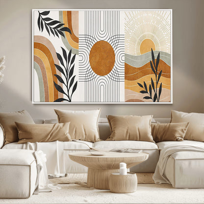 32359-MGV-CV-36X24-Modern Sun Wall Art Canvas Print, Framed Retro Horizon Art Picture Print, Sunburst Design Perfect Mid Century Boho Decor Artwork
