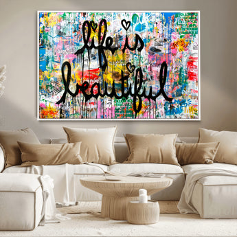 36856-MGV-CV-36X24-Life Is Beautiful Wall Art – Colorful Graffiti Canvas Print, Modern Street Style Artwork, Inspirational Decor for Living Room,