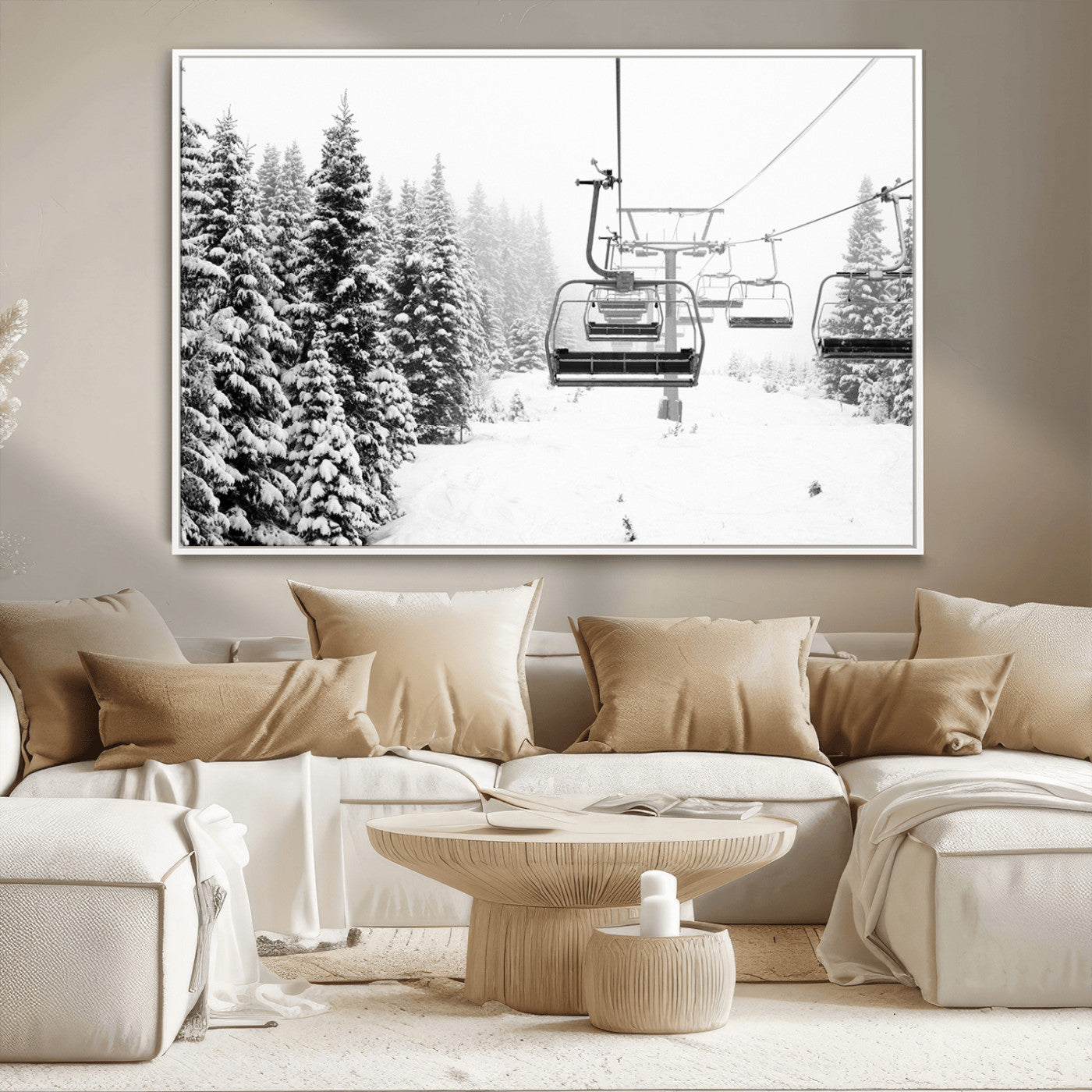 49274-MGV-CV-36X24-Snowy Forest Wall Art Canvas Print, Framed Ski Lift Art Picture Print, Mountain Snow Perfect Minimal Winter Lodge Decor Artwork