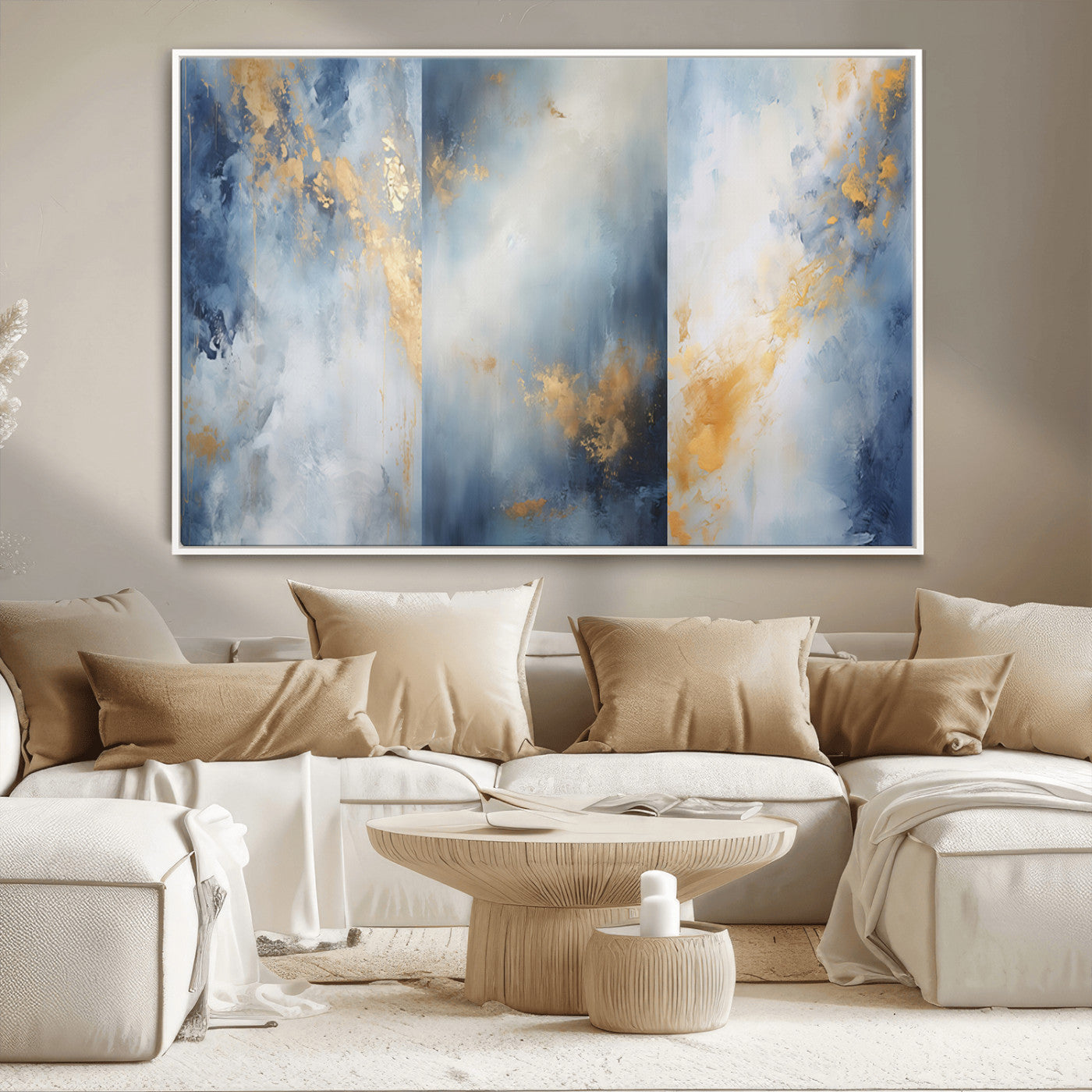 41836-MGV-FC-36X24_White-Abstract Gold Wall Art Canvas Print, Framed Blue Layers Art Picture Print, Elegant Cloud Perfect Elegant Minimalist Decor Artwork