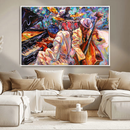 13675-MGV-CV-36X24-Jazz Band Wall Art Canvas Print, Framed Jazz Oil Painting Art Picture Print, Vibrant Music Perfect Abstract Musical Decor Artwork