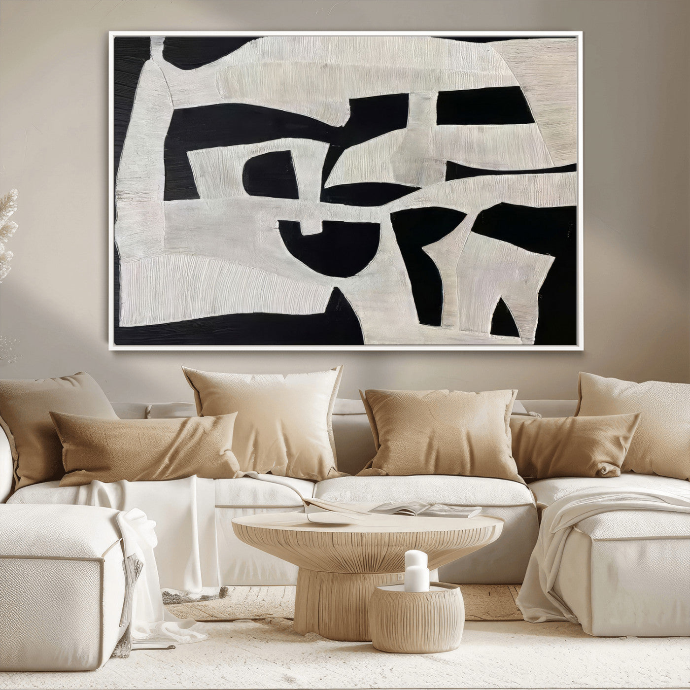 33714-MGV-CV-36X24-Monochrome Design Wall Art Canvas Print, Framed Modern Linework Art Picture Print, Textured Shapes Perfect Monochrome Modern Decor