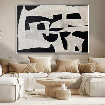 33714-MGV-CV-36X24-Monochrome Design Wall Art Canvas Print, Framed Modern Linework Art Picture Print, Textured Shapes Perfect Monochrome Modern Decor