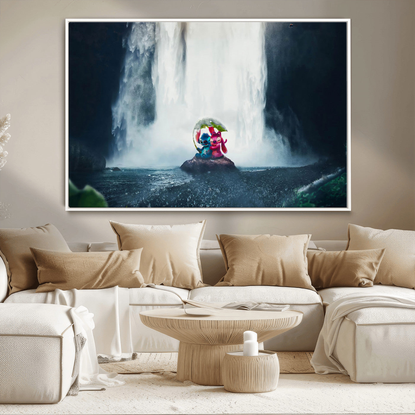 32259-MGV-CV-36X24-Stitch Angel Wall Art Canvas Print, Framed Stitch Waterfall Art Picture Print, Cartoon Couple Perfect Moody Fantasy Decor Artwork