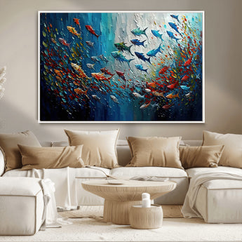 89626-MGV-CV-36X24-Fish Swarm Wall Art Canvas Print, Framed Abstract Ocean Art Picture Print, Underwater Life Perfect Vibrant Coastal Decor Artwork