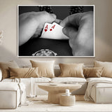 62460-MGV-CV-36X24-Poker Game Wall Art – Close Up of Hands Holding Aces with Chips, Casino Style Decor for Game Room, Man Cave or Office