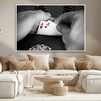 62460-MGV-CV-36X24-Poker Game Wall Art – Close Up of Hands Holding Aces with Chips, Casino Style Decor for Game Room, Man Cave or Office