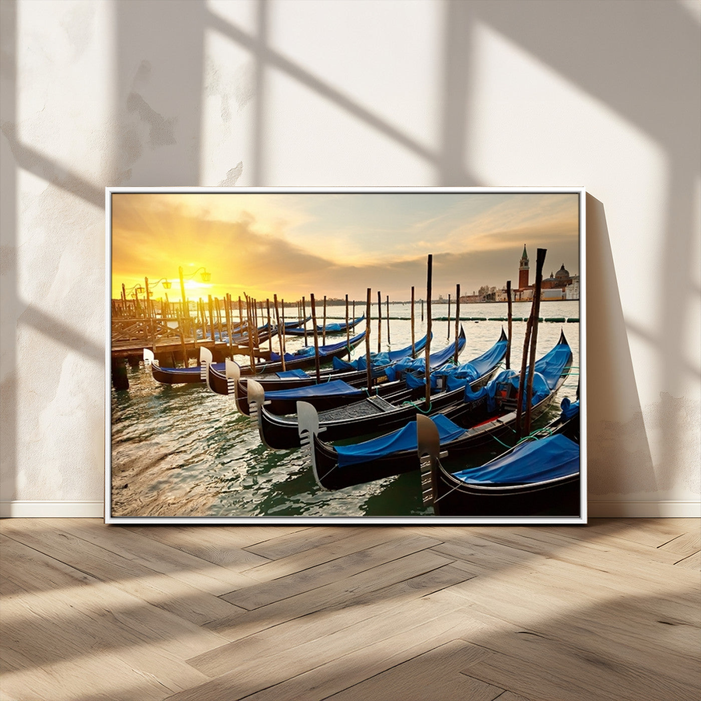 25872-MGV-CV-36X24-Venetian Gondola Dock Wall Art – Serene Sunset Canal Canvas Print, Tranquil Water Travel Decor for Office, Living Room, or Man