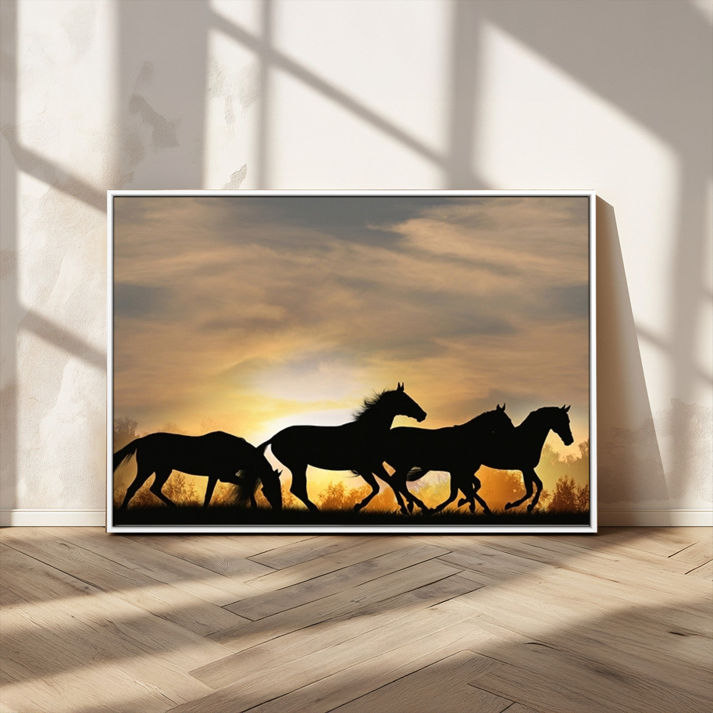 16620-MGV-CV-36X24-Sunset Stallions Wall Art – Silhouetted Horses Running Canvas Print, Nature’s Rhythm, Perfect for Living Room, Office, or Man Cave