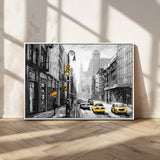 32362-MGV-CV-36X24-NYC Street Wall Art – Black and White Cityscape with Yellow Taxis and Umbrella Canvas Print, Urban Home Decor for Living Room or