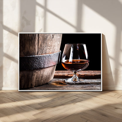 50839-MGV-CV-36X24-Barrel & Brandy Wall Art – Rustic Whiskey Barrel and Brandy Glass Canvas Print, Elegant Home Bar or Lounge Decor for Office, Man
