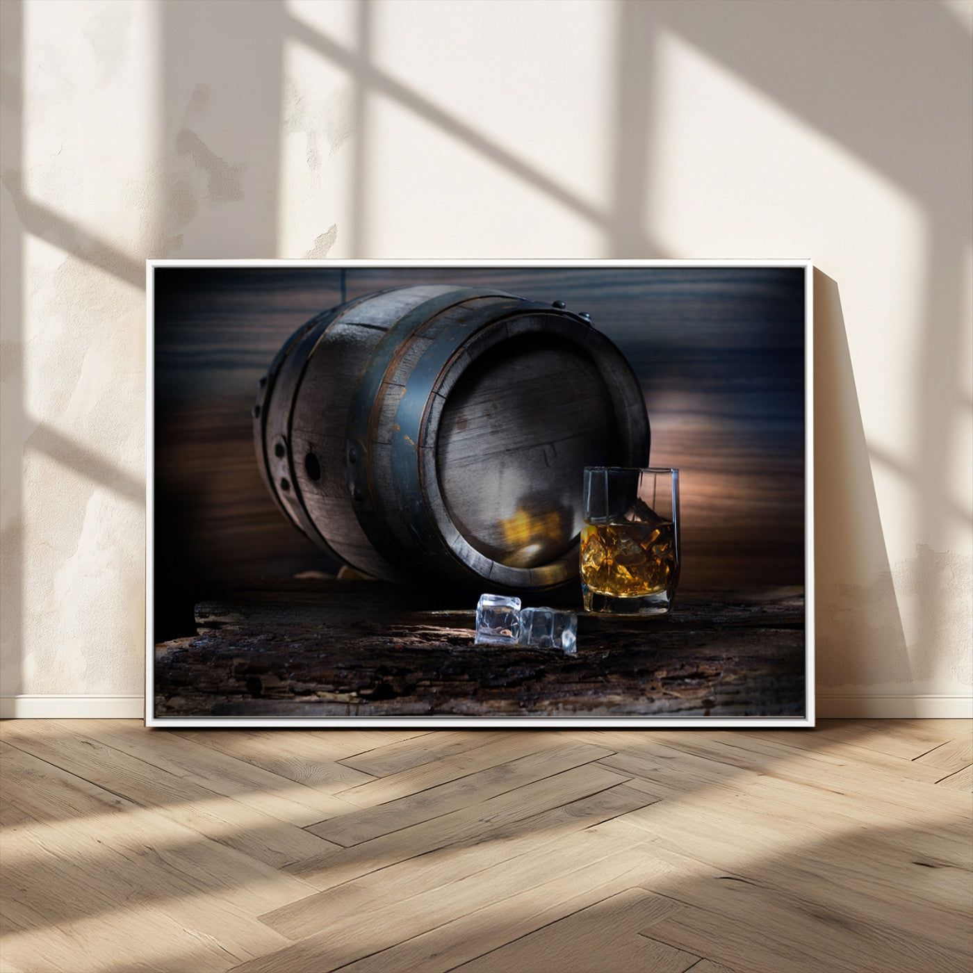 78049-MGV-CV-36X24-Whiskey Barrel Wall Art – Rustic Whiskey Barrel and Glass with Ice Canvas Print, Classic Bar or Lounge Decor for Home, Office, or