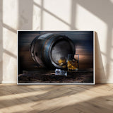 78049-MGV-CV-36X24-Whiskey Barrel Wall Art – Rustic Whiskey Barrel and Glass with Ice Canvas Print, Classic Bar or Lounge Decor for Home, Office, or