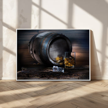 78049-MGV-CV-36X24-Whiskey Barrel Wall Art – Rustic Whiskey Barrel and Glass with Ice Canvas Print, Classic Bar or Lounge Decor for Home, Office, or