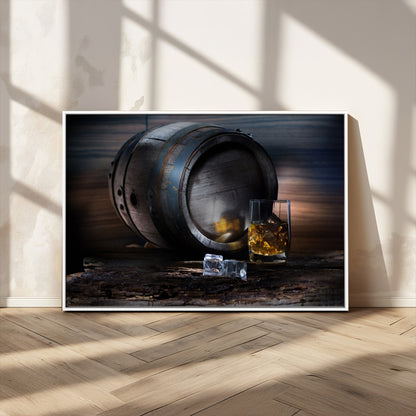 78049-MGV-CV-36X24-Whiskey Barrel Wall Art – Rustic Whiskey Barrel and Glass with Ice Canvas Print, Classic Bar or Lounge Decor for Home, Office, or