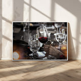 75513-MGV-CV-36X24-Elegant Wine Toast Wall Art – Close-Up Red Wine Glass at Dinner Table Canvas Print, Sophisticated Dining Room or Bar Decor