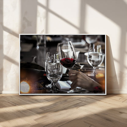 75513-MGV-CV-36X24-Elegant Wine Toast Wall Art – Close-Up Red Wine Glass at Dinner Table Canvas Print, Sophisticated Dining Room or Bar Decor