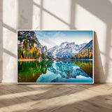10402-MGV-FC-36X24_White-Snowy Mountain Lake Wall Art – Autumn Landscape Canvas Print with Reflection, Nature Decor for Living Room, Office, Bedroom or