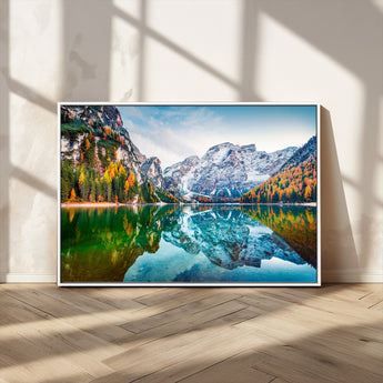 10402-MGV-FC-36X24_White-Snowy Mountain Lake Wall Art – Autumn Landscape Canvas Print with Reflection, Nature Decor for Living Room, Office, Bedroom or