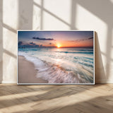71849-MGV-FC-36X24_White-Sunrise Ocean Beach Wall Art – Serene Seascape Canvas Print with Gentle Waves, Coastal Nature Decor for Bedroom, Living Room or
