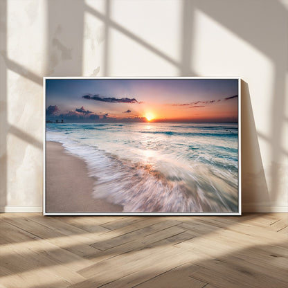 71849-MGV-FC-36X24_White-Sunrise Ocean Beach Wall Art – Serene Seascape Canvas Print with Gentle Waves, Coastal Nature Decor for Bedroom, Living Room or
