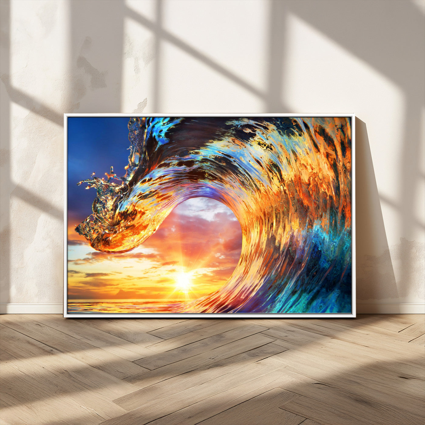 52890-MGV-FC-36X24_White-Surfing Wave Wall Art Canvas Print, Framed Sunset Ocean Art Picture Print, Ocean Wave Perfect Nautical Decor Artwork