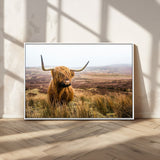79391-MGV-CV-36X24-Majestic Highland Cow in Misty Scottish Moorland – Rustic Natural Charm, Perfect for Unique Home or Office Decor