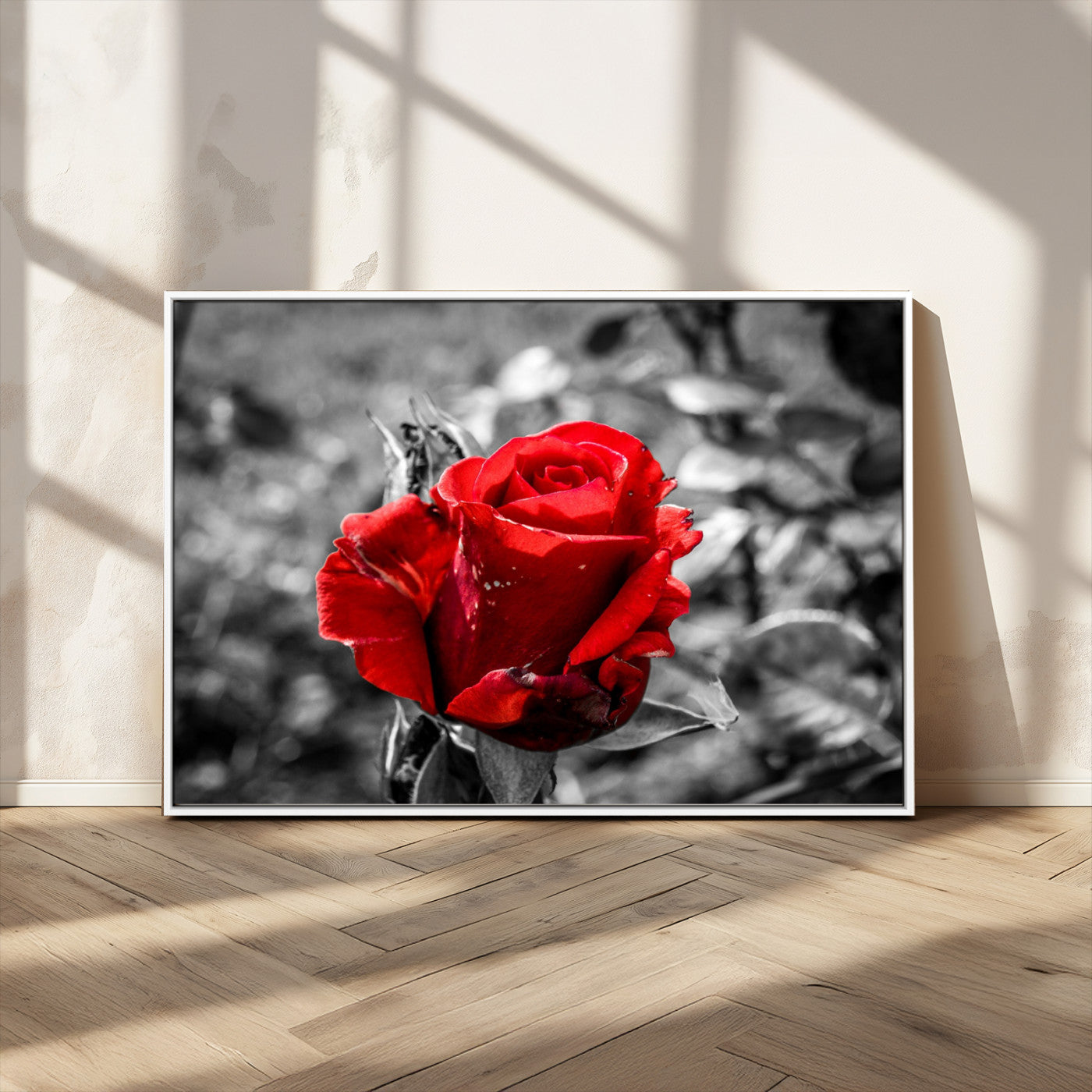 84671-MGV-CV-36X24-Red Rose Wall Art – Vibrant Single Bloom Canvas Print with Black and White Background, Elegant Floral Decor for Living Room,