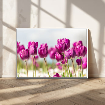 30632-MGV-CV-36X24-Purple Tulip Field Wall Art – Beautiful Spring Flowers Canvas Print with Soft Focus and Bright Sky, Ideal Floral Decor for Home or