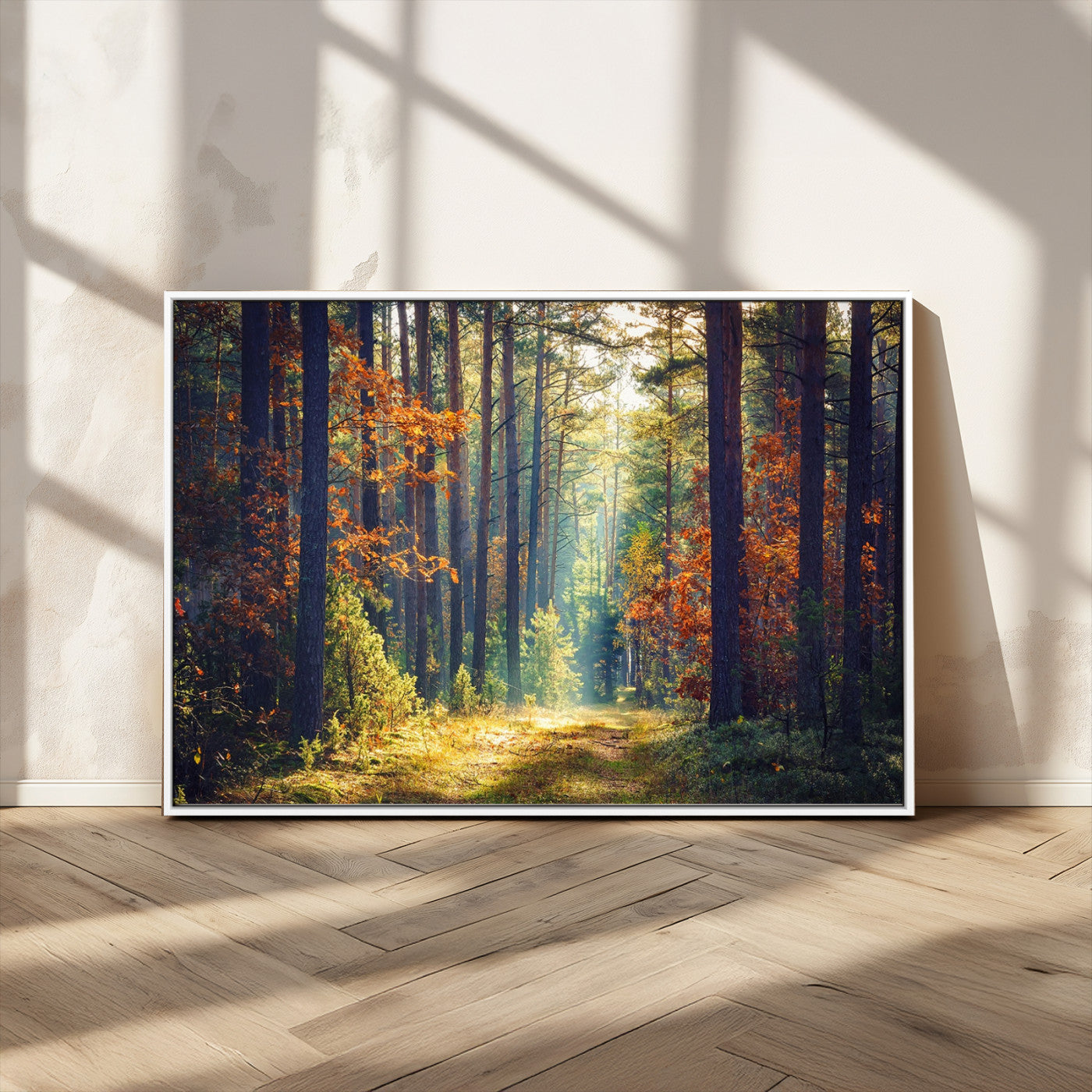 86249-MGV-CV-36X24-Sunlit Autumn Forest Path Wall Art – Peaceful Nature Scene with Fall Foliage, Calming Woods Decor for Home or Office