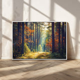 86249-MGV-CV-36X24-Sunlit Autumn Forest Path Wall Art – Peaceful Nature Scene with Fall Foliage, Calming Woods Decor for Home or Office