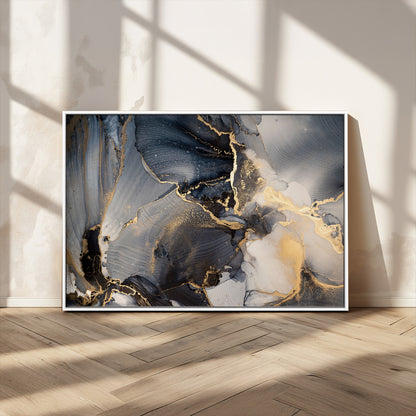 24068-MGV-CV-36X24-Luxury Abstract Wall Art – Gold & Gray Fluid Ink Painting Canvas, Modern Metallic Home Decor, Elegant Office or Living Room Accent