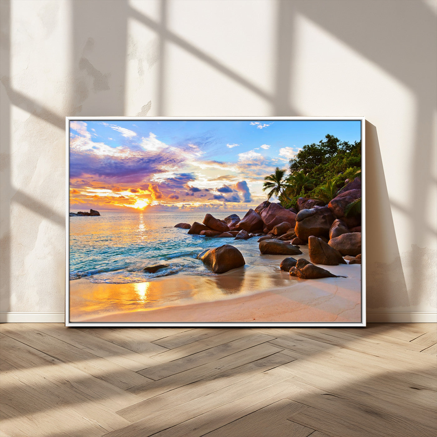43209-MGV-CV-36X24-Tropical Beach Sunset Wall Art – Golden Ocean Waves and Palm Trees with Rocky Shore Canvas Print, Coastal Seascape Decor for