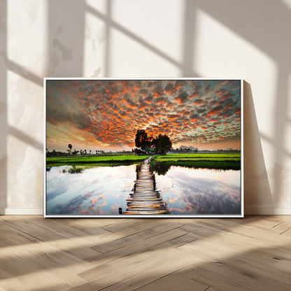 29105-MGV-CV-36X24-Rustic Wooden Bridge Wall Art – Scenic Sunset Over Rice Fields and Reflective Water Canvas Print, Nature Landscape Decor for
