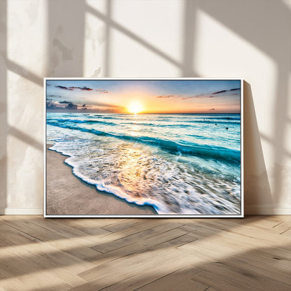 27815-MGV-CV-36X24-Ocean Sunrise Beach Wall Art – Serene Coastal Canvas Print with Waves and Golden Morning Light, Relaxing Seascape Decor for