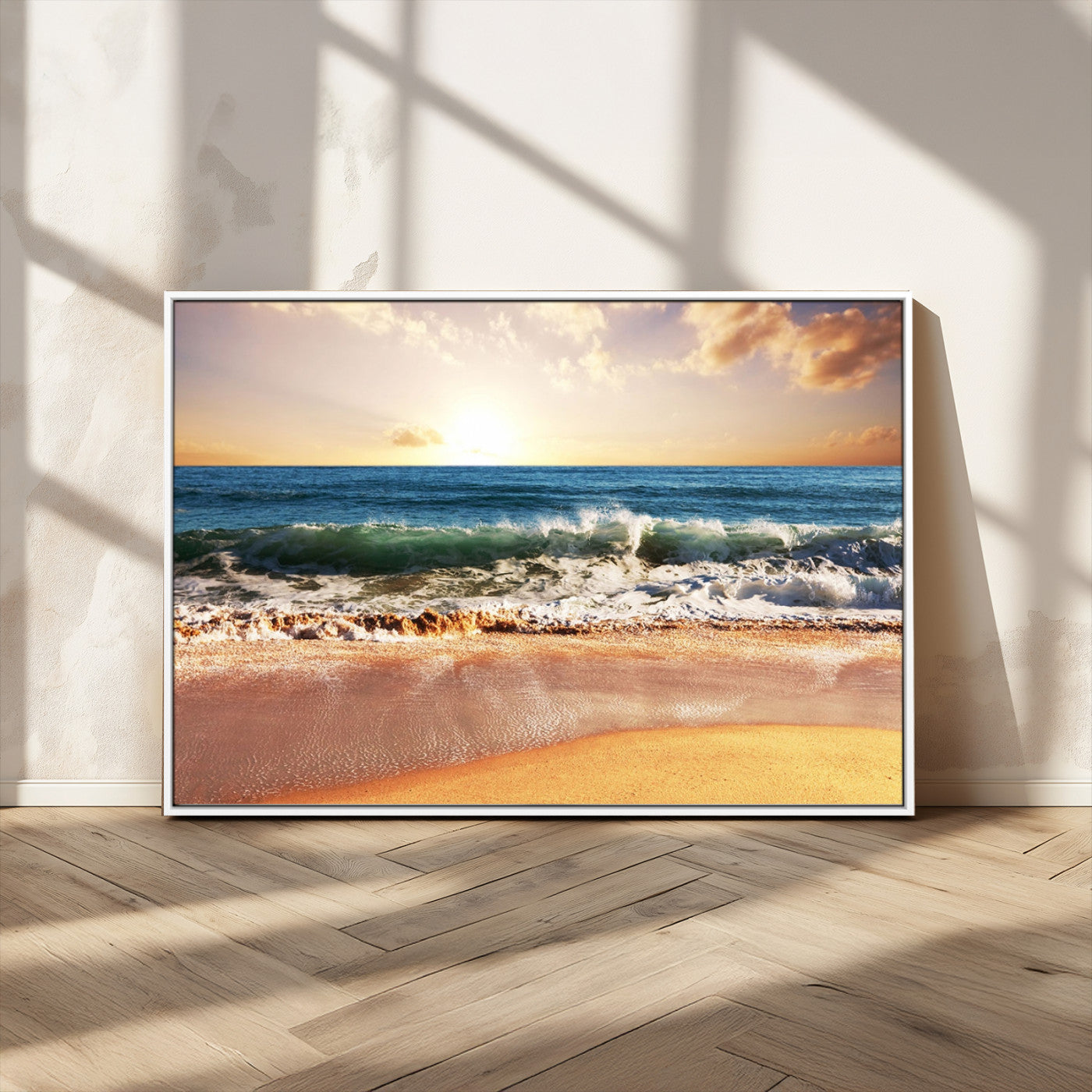 79005-MGV-CV-36X24-Golden Sunrise Ocean Waves Wall Art – Panoramic Seashore Canvas Print, Calming Coastal Decor for Home, Office or Relaxation Space
