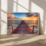 28836-MGV-CV-36X24-Ocean Pier Sunset Wall Art – Wooden Dock and Golden Horizon Canvas Print, Coastal Seascape Photography for Living Room, Bedroom,