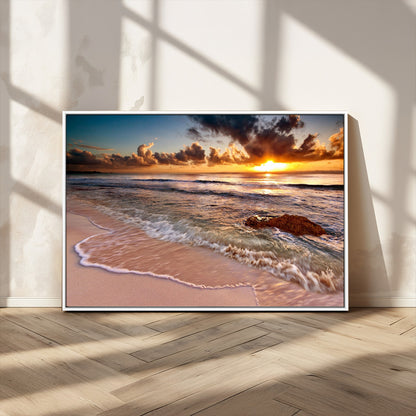 80979-MGV-CV-36X24-Golden Sunrise Beach Wall Art – Ocean Waves and Sandy Shore Canvas Print, Coastal Sunset Photography Artwork for Living Room,