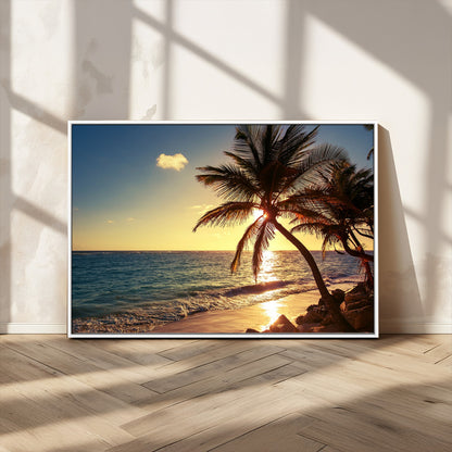82710-MGV-CV-36X24-Palm Tree Sunset Beach Wall Art – Tropical Ocean Canvas Print, Coastal Paradise Seascape Decor for Living Room or Office Wall