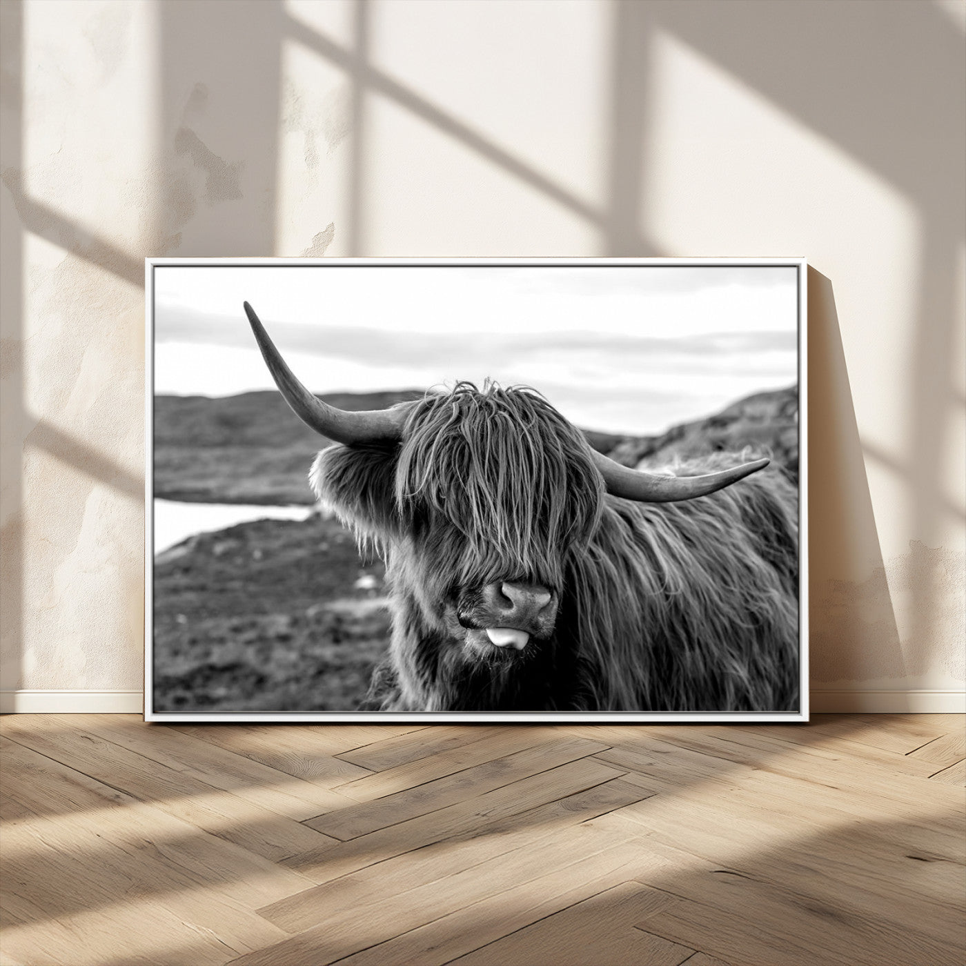 83810-MGV-CV-36X24-Highland Cow Wall Art – Black and White Highland Cattle Print, Rustic Farmhouse Animal Decor for Living Room