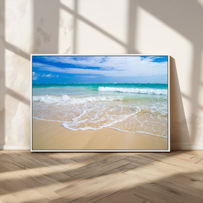 20660-MGV-CV-36X24-Ocean Wave Beach Wall Art – Serene Blue Sea and Sandy Shore Canvas Print, Coastal Landscape Photography Decor for Living Room or