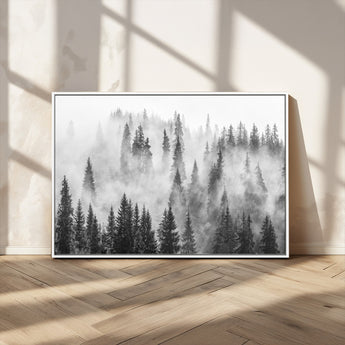 10422-MGV-CV-36X24-Misty Pine Forest Wall Art – Black and White Foggy Landscape Canvas Print, Serene Nature Woodland Decor for Bedroom, Office or